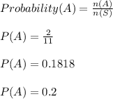 Probability(A)=\frac{n(A)}{n(S)} \\\\P(A) =\frac{2}{11} \\\\P(A) = 0.1818\\\\P(A) = 0.2
