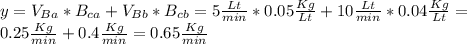 y=V_{Ba}*B_{ca}+V_{Bb}*B_{cb}=5\frac{Lt}{min}*0.05\frac{Kg}{Lt}+10\frac{Lt}{min}*0.04\frac{Kg}{Lt}=\\0.25\frac{Kg}{min}+0.4\frac{Kg}{min}=0.65\frac{Kg}{min}