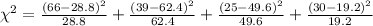 \chi^2 =\frac{(66-28.8)^2}{28.8}+\frac{(39-62.4)^2}{62.4}+\frac{(25-49.6)^2}{49.6}+\frac{(30-19.2)^2}{19.2}