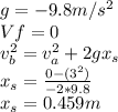 g=-9.8m/s^{2}\\ Vf=0\\v_{b}^{2}=v_{a}^{2}+2gx_{s} \\  x_{s}=\frac{0-(3^{2} )}{-2*9.8}\\ x_{s}=0.459m