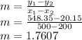 m = \frac{y_1-y_2}{x_1-x_2} \\m = \frac{548.35-20.15}{500-200}\\m= 1.7607