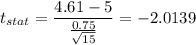 t_{stat} = \displaystyle\frac{4.61 - 5}{\frac{0.75}{\sqrt{15}} } = -2.0139