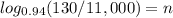 log_{0.94}(130/11,000) = n