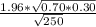 \frac{1.96*\sqrt{0.70*0.30}}{\sqrt{250} }