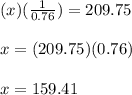 (x)(\frac{1}{0.76})=209.75\\\\x=(209.75)(0.76)\\\\x=159.41