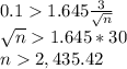 0.11.645\frac{3}{\sqrt n}\\\sqrt n1.645*30\\n2,435.42
