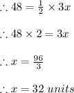 \therefore 48 =\frac{1}{2}\times 3x\\ \\\therefore 48\times 2 =3x\\\\\therefore x =\frac{96}{3}\\\\\therefore x =32\ units