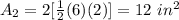 A_2=2[\frac{1}{2}(6)(2)]=12\ in^2