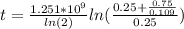 t= \frac{1.251* 10^{9} }{ln(2)} ln( \frac{0.25+ \frac{0.75}{0.109} }{0.25} )