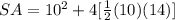 SA=10^{2}+4[\frac{1}{2}(10)(14)]