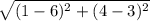 \sqrt{(1-6)^{2}+(4-3)^{2}}