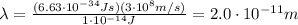\lambda=\frac{(6.63\cdot 10^{-34}Js)(3\cdot 10^8 m/s)}{1\cdot 10^{-14} J}=2.0\cdot 10^{-11}m
