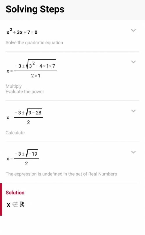 What is the solution to the following equation?  x2 + 3x + 7 = 0