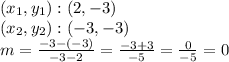 (x_ {1}, y_ {1}) :( 2, -3)\\(x_ {2}, y_ {2}): (- 3, -3)\\m = \frac {-3 - (- 3)} {- 3-2} = \frac {-3 + 3} {- 5} = \frac {0} {- 5} = 0