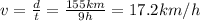 v=\frac{d}{t}=\frac{155 km}{9 h}=17.2 km/h