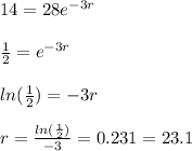 14 = 28 e^{-3r} \\  \\ \frac{1}{2} = e^{-3r}  \\  \\ ln(\frac{1}{2}) = -3r \\  \\ r = \frac{ln(\frac{1}{2})}{-3} = 0.231 = 23.1%