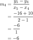 \begin{aligned}m_{4}&=\dfrac{y_{5}-y_{4}}{x_{5}-x_{4}}\\&=\dfrac{-16+10}{2-1}\\&=\dfrac{-6}{1}\\&=-6\end{aligned}