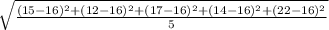 \sqrt{\frac{(15-16)^2+(12-16)^2+(17-16)^2+(14-16)^2+(22-16)^2}{5}