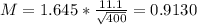 M = 1.645*\frac{11.1}{\sqrt{400}}= 0.9130