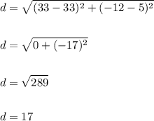 \begin{aligned}&d=\sqrt{(33-33)^{2}+(-12-5)^{2}}\\\\&d=\sqrt{0+(-17)^{2}}\\\\&d=\sqrt{289}\\\\&d=17\end{aligned}
