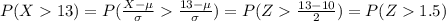P(X13)=P(\frac{X-\mu}{\sigma}\frac{13-\mu}{\sigma})=P(Z\frac{13-10}{2})=P(Z1.5)