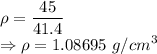 \rho=\dfrac{45}{41.4}\\\Rightarrow \rho=1.08695\ g/cm^3