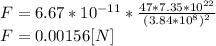 F=6.67*10^{-11} * \frac{47*7.35*10^{22} }{(3.84*10^8)^{2} }\\ F= 0.00156 [N]
