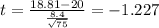 t=\frac{18.81-20}{\frac{8.4}{\sqrt{75}}}=-1.227