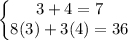 \displaystyle \left\{\begin{matrix}3+4=7\\ 8(3)+3(4)=36\end{matrix}\right.