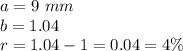 a=9\ mm\\b=1.04\\r=1.04-1=0.04=4\%