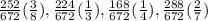 \frac{252}{672} ( \frac{3}{8}) , \frac{224}{672} ( \frac{1}{3} ), \frac{168}{672} ( \frac{1}{4}), \frac{288}{672} ( \frac{2}{7})