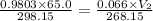 \frac{{0.9803}\times {65.0}}{298.15}=\frac{{0.066}\times {V_2}}{268.15}