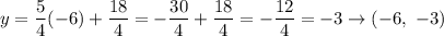 y=\dfrac{5}{4}(-6)+\dfrac{18}{4}=-\dfrac{30}{4}+\dfrac{18}{4}=-\dfrac{12}{4}=-3\to(-6,\ -3)