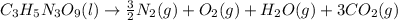 C_3H_5N_3O_9 (l)\rightarrow \frac{3}{2}N_2 (g) + O_2 (g) + H_2O (g) + 3 CO_2 (g)
