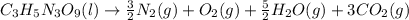 C_3H_5N_3O_9 (l)\rightarrow \frac{3}{2}N_2 (g) + O_2 (g) + \frac{5}{2} H_2O (g) + 3 CO_2 (g)