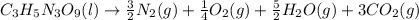 C_3H_5N_3O_9 (l)\rightarrow \frac{3}{2}N_2 (g) + \frac{1}{4} O_2 (g) + \frac{5}{2} H_2O (g) + 3 CO_2 (g)