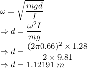 \omega=\sqrt{\dfrac{mgd}{I}}\\\Rightarrow d=\dfrac{\omega^2I}{mg}\\\Rightarrow d=\dfrac{(2\pi 0.66)^2\times 1.28}{2\times 9.81}\\\Rightarrow d=1.12191\ m