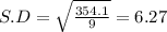 S.D = \sqrt{\frac{354.1}{9}} = 6.27
