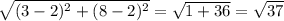 \sqrt{(3-2)^{2} +(8-2) ^{2} } = \sqrt{1+36} = \sqrt{37}