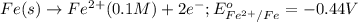 Fe(s)\rightarrow Fe^{2+}(0.1M)+2e^-;E^o_{Fe^{2+}/Fe}=-0.44V