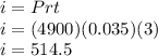 i=Prt\\i=(4900)(0.035)(3)\\i=514.5