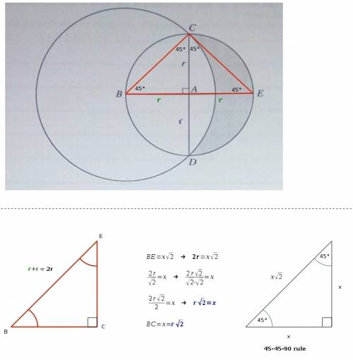 The diagram shows a circle with center a and radius r. diameters cad and bae are perpendicular to ea