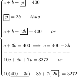 \bf \begin{cases}&#10;c+b+\boxed{p}=400\\\\&#10;\boxed{p}=2b\qquad thus\\\\&#10;c+b+\boxed{2b}=400\qquad or\\\\&#10;c+3b=400\implies c=\underline{400-3b}\\&#10;--------------\\&#10;10c+8b+7p=3272\qquad or\\\\&#10;10(\underline{400-3b})+8b+7(\boxed{2b})=3272&#10;\end{cases}