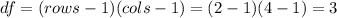 df=(rows-1)(cols-1)=(2-1)(4-1)=3