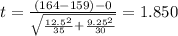 t=\frac{(164-159)-0}{\sqrt{\frac{12.5^2}{35}+\frac{9.25^2}{30}}}=1.850