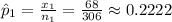 \hat p_{1}=\frac{x_{1} }{n_{1} }=\frac{68}{306}\approx 0.2222