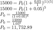 15000=P_{0}(1+\frac{0.05}{1} )^{(1)(5)}\\15000=P_{0}(1+0.05)^{5}\\P_{0}=\frac{15000}{(1+0.05)^{5}}\\P_{0}=\frac{15000}{1.05^{5}}\\P_{0}=11,752.89