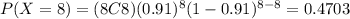 P(X=8)=(8C8)(0.91)^8 (1-0.91)^{8-8}=0.4703