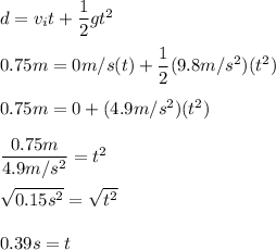 d=v_{i}t+\dfrac{1}{2}gt^{2}\\\\0.75m=0m/s(t)+\dfrac{1}{2}(9.8m/s^{2})(t^{2})\\\\0.75m = 0+(4.9m/s^{2})(t^{2})\\\\\dfrac{0.75m}{4.9m/s^{2}}=t^{2}\\\\\sqrt{ 0.15s^{2}}=\sqrt{t^{2}}\\\\0.39s=t