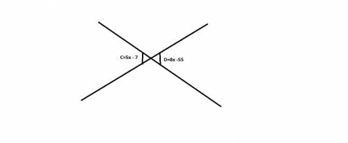 c and  d are vertical angles. mc = 5x - 7 and md = 8x – 55. what is mc?  show your work. i will